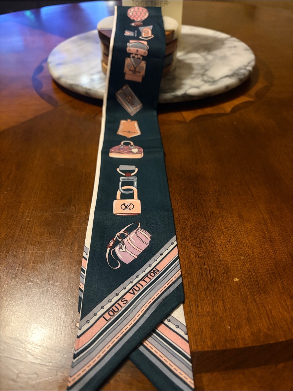 Louis Vuitton Dark Green & Pink Silk twilly